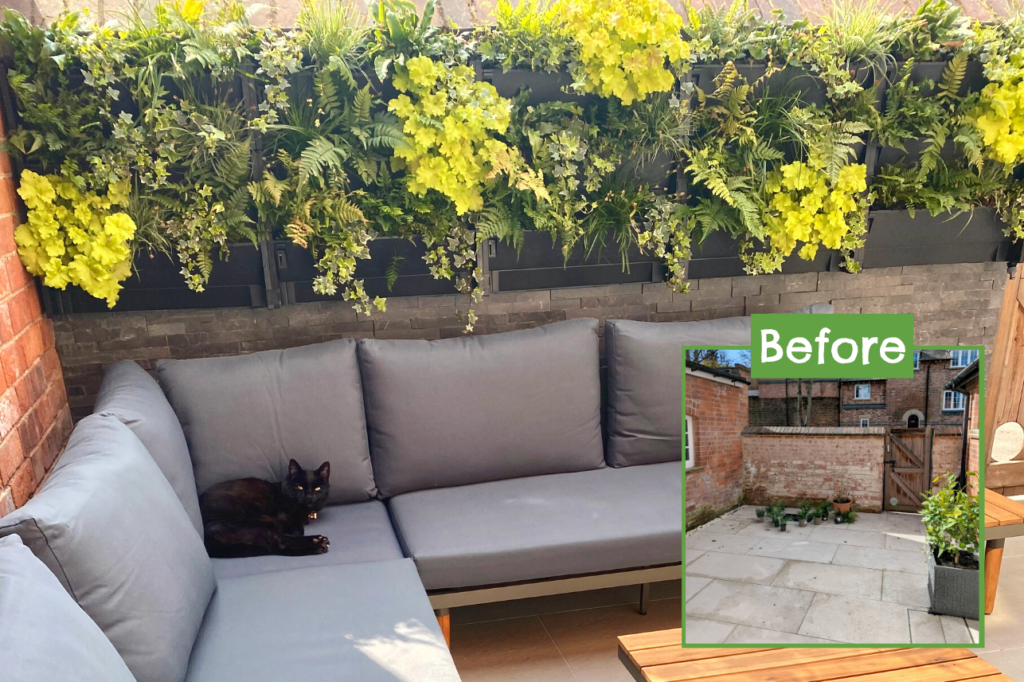 a before and after shot of a patio and living wall