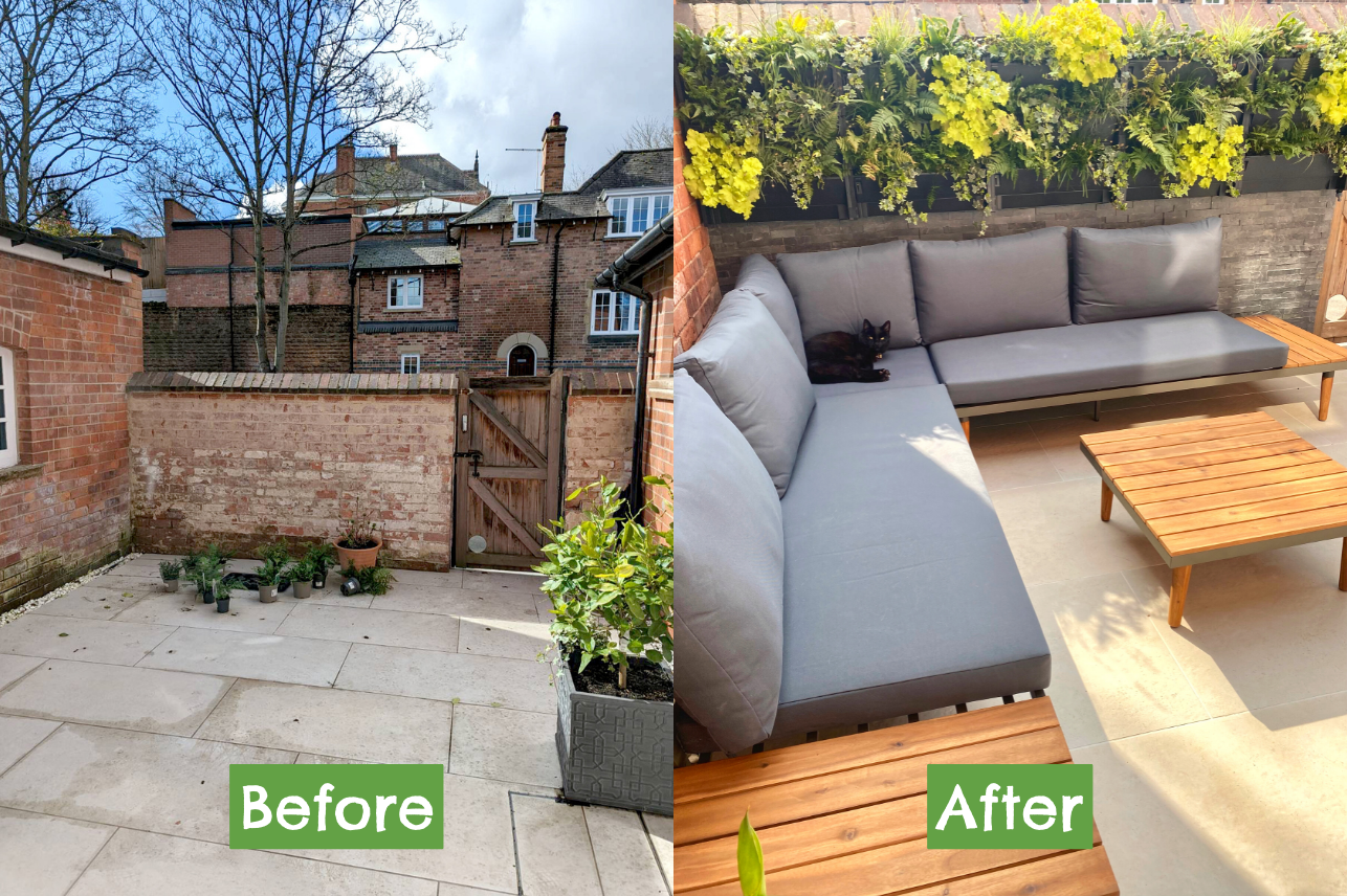 a before and after shot of a redecorated patio with a living wall